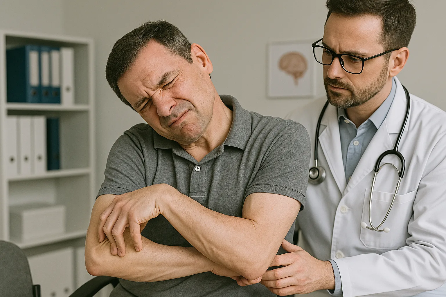 Пациент с мышечной дистонией, непроизвольные движения рук, осмотр врача