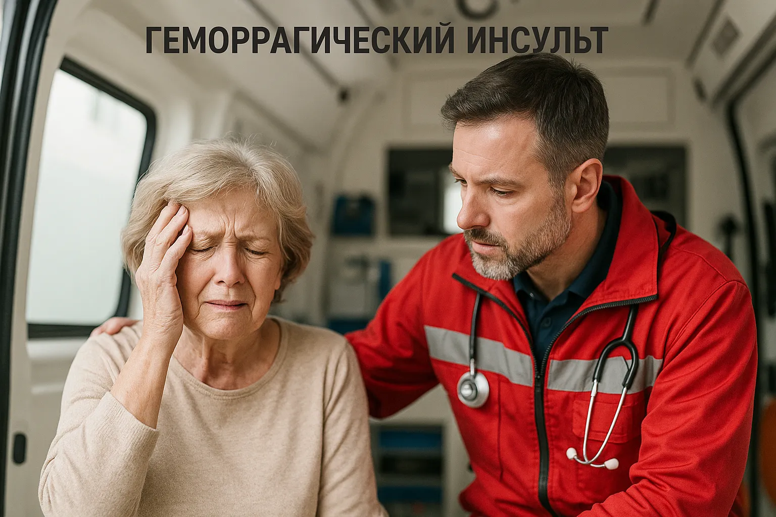 Пожилая женщина с симптомами геморрагического инсульта в машине скорой помощи